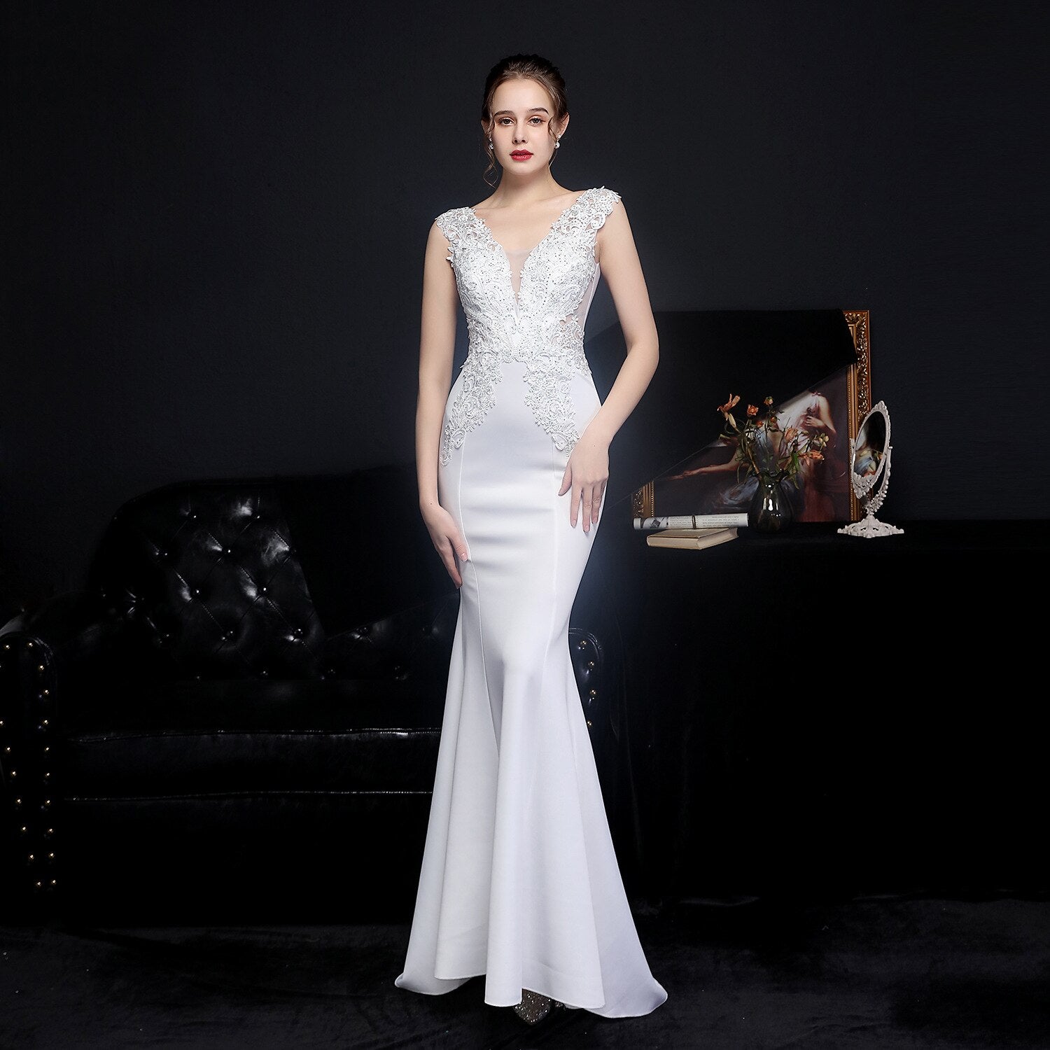 Graduation gifts  Evening Gowns for Women V-Neck  Beading Evening Dresses Long Appliques Mermaid Evening Dress