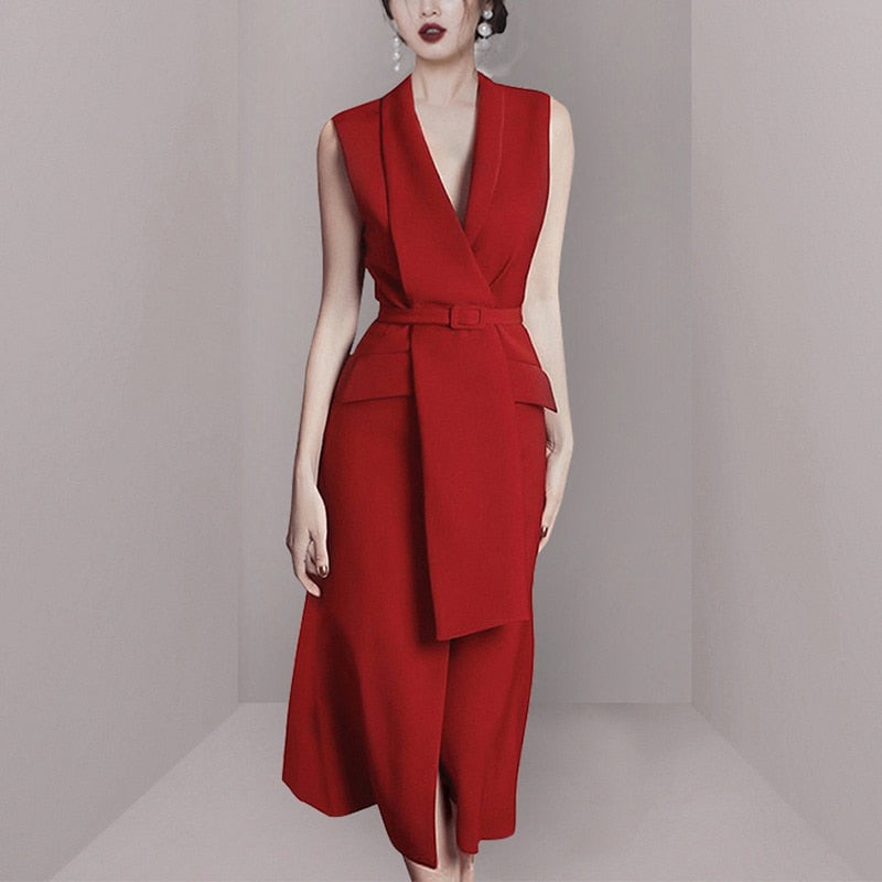 Geumxl Woman Dress Red Split Slim Waist Lacing Sleeveless V Collar Office Lady Style Elegant Dresses 2022 New Summer 15HT527