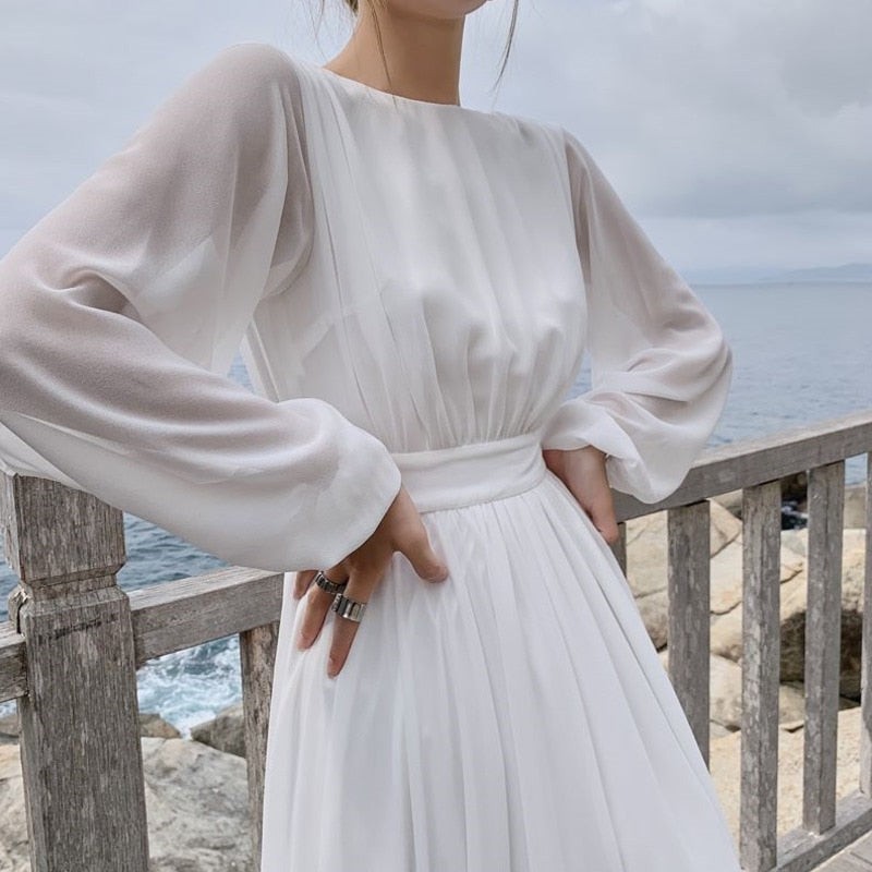 Geumxl 2023 Summer Women Elegant Holiday Dress Lantern Sleeve White Chiffon Floor-Length Dresses Ladies Sundress Fairy Vestidos Mujer