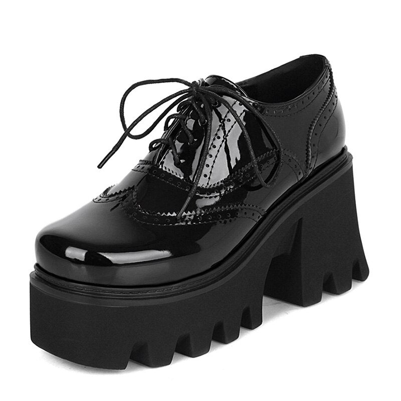 Spring Summer British Walker Shoes Women Patent Leather Platform Shoes High Platform Chunky Heel Pumps Big Size Wholesale