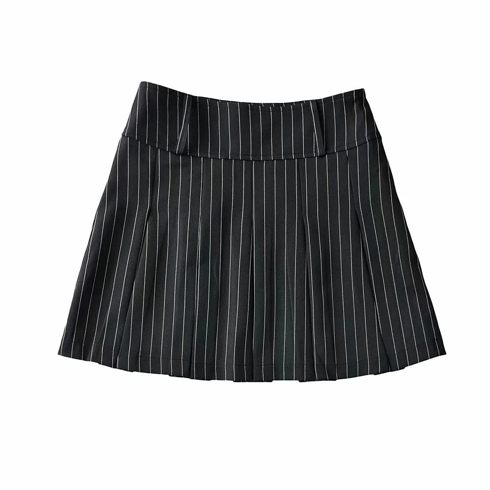 Geumxl Women High Waist Striped Print Mini Skirt Vintage All-Match Package Hips Pleated Skirts Side Zipper Korean Sweet Style