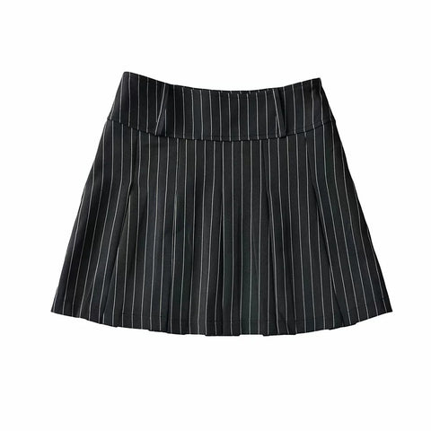 Geumxl Women High Waist Striped Print Mini Skirt Vintage All-Match Package Hips Pleated Skirts Side Zipper Korean Sweet Style