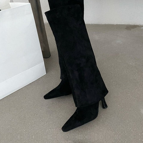 Geumxl Fashion Chic Split Fork Pants Knee High Boots Women Sexy Pointed Toe Slip-On Street Riding Shoes Stiletto Heels Pumps
