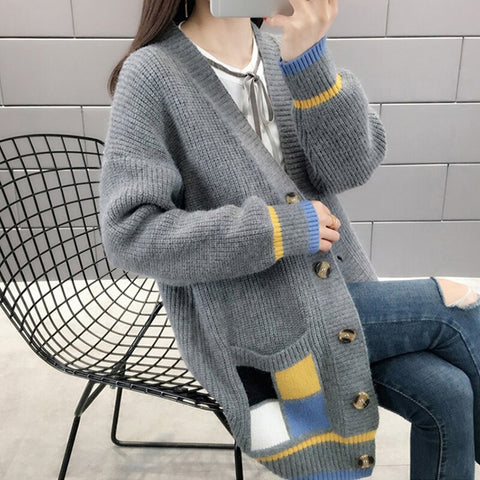 Geumxl Geometry Splice Knitted Cardigan Sweater Women Autumn Winter Pocket Button Coat Ladies Casual Warm Soft Female Clothing