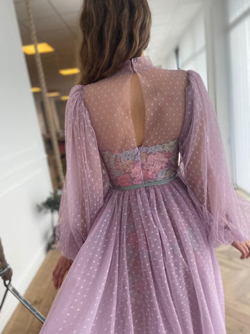 Geumxl Lavender High Neck Prom Dresses Long Sleeves Polka Dots Tulle Tea-Length Evening Dresses Colorful Appliques Formal Party Dress