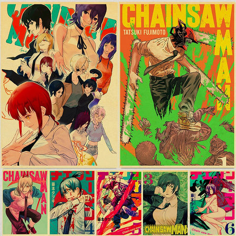 Hot Anime Chainsaw Man Posters Retro Kraft Paper Prints High Quality Art Painting For Home Decor Wall Stickers