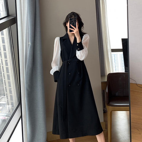 Geumxl Vintage Fashion Belt Maxi Dresses For Women Notched Long Sleeve Office Ladies Blazer Dress Autumn Winter Long A-Line Black Dress