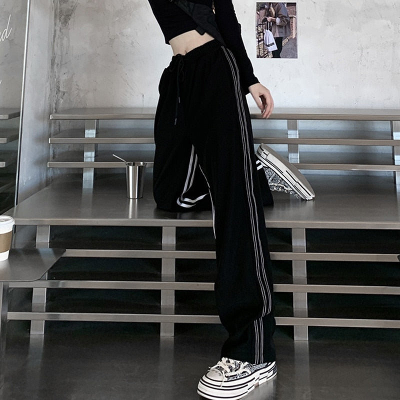 Geumxl Spring-Autumn Girl's High Waist Pants Harajuku Style Retro Side Striped Straight Mopping Pants Loose Casual Wide-Leg Trousers