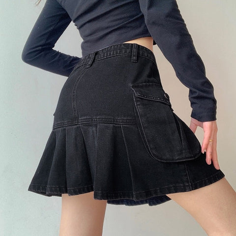 Geumxl Black Skirt Women Summer High Waist Jean Skirts Y2K Sexy Mini Skirt Denim Pleated Skirts With Pockets Ladies Short Jupe Femme