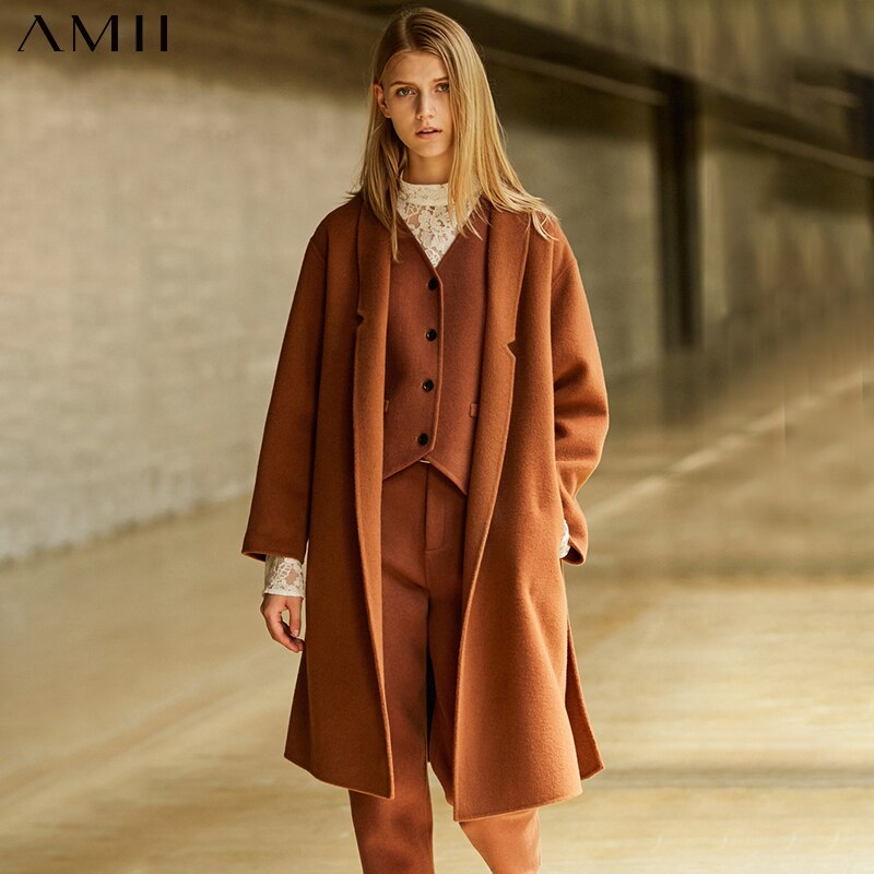 Geumxl Minimalism Women Winter Premium Wool Fabric Double Woolen Coat Fashion Causal 100%Wool Belt Female Woolen Coat 11830154