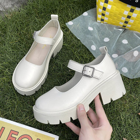 Geumxl White Mary Jane Lolita Shoes Girls Cosplay Platform Heels Shoes Ladies Small Leather Vintage Shoes Women Chunky Heel Pumps