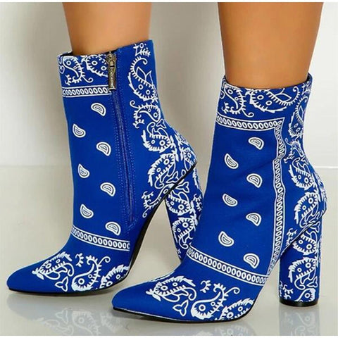 Geumxl New Women Ankle Sock Boots Printed Flowers Pointed Toe High Heels Side Zipper Females Retro Blue Fashion Shoes Plus Size 35-43