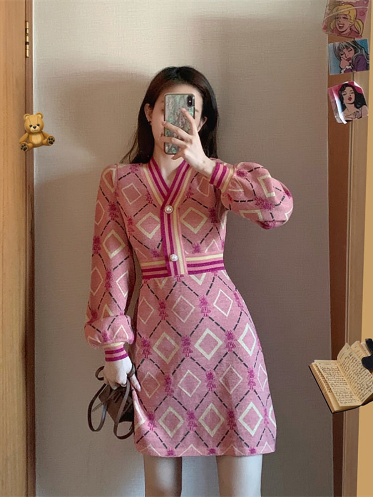 Geumxl Vintage Korean Woman Dresses For Women Classical Plaids V-Neck Knitting Button Details Female Winter Mini Dress Autumn 2022 Pink