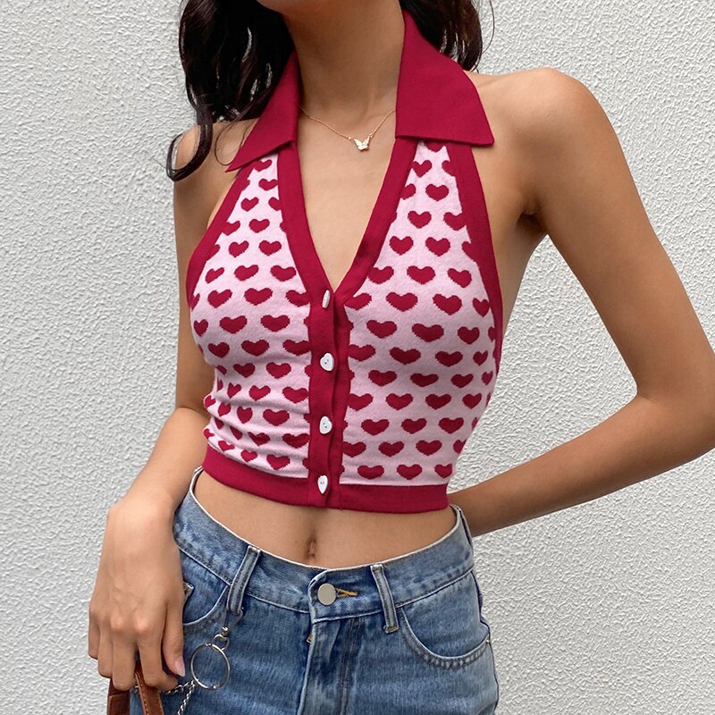 Red Heart Printed Knit Vest Summer Harajuku Vintage V Neck Halter Crop Top Button-up Camisole Knitwear Cardigan 2022Iamhotty
