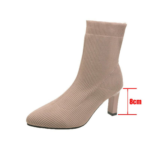 Geumxl Women Ankle Sock Boots 2022 Fashion High Heel Air Mesh Breathable Pointed Toe Knit Slip On Casual Office Autumn Ladies Shoes