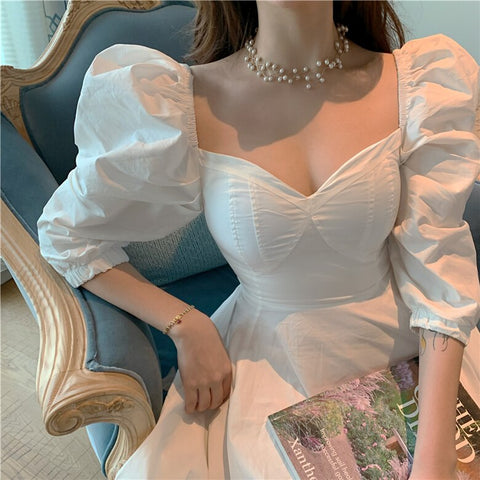 Party Dress for Women V Neck Slim White Black Korean Chic Short Dress Puff Sleeve Elegant Lolita A-line Mini Dresses Summer 2023