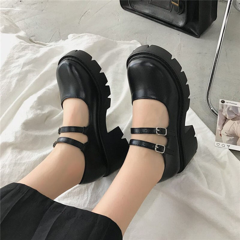 Geumxl High Heels Shoes Women Pumps Platform Shoes Fashion Mary Jane Shoes Lolita shoes Black Leather Woman Round Toe Student Mujer