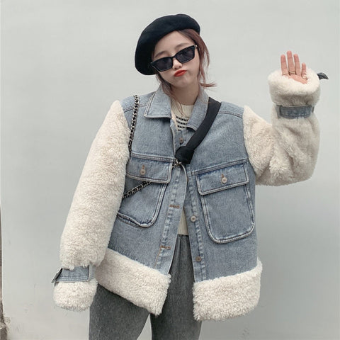 Loose Fit Blue Lambswool Thick Denim Jacket New Lapel Long Sleeve Women Coat Fashion Spring Autumn 2022