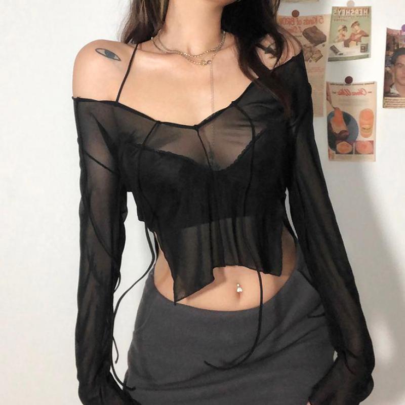 Geumxl 2023 Sexy Women's T-Shirt See-Through Transparent Mesh Top Long-Sleeved Slim Ladies V-Neck Black T-Shirt Spring/Summer Y2k Top