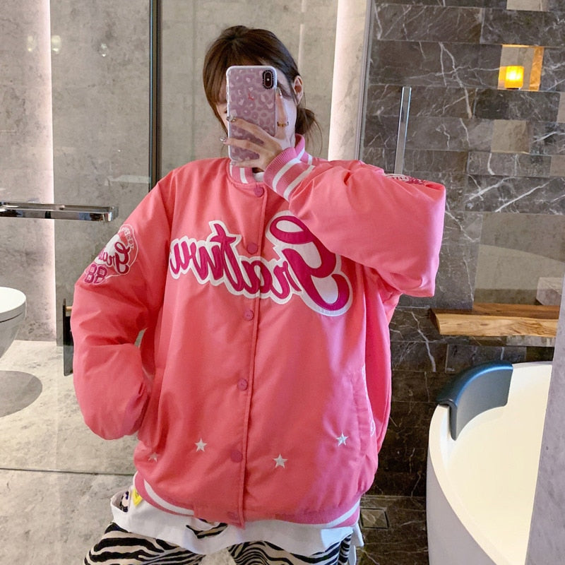 Geumxl Baseball Jacket Embroidery Letter Female Men Pink Jacket Women  Harajuku Plus Size Streetwear Outerwear Goth