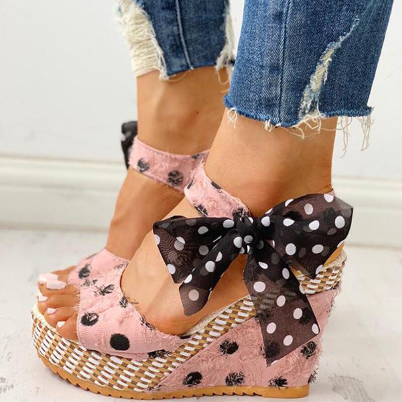 Geumxl Women High Heel Sandal  Casual Platform Wedge Shoe Bowknot Design Ladies Fish Mouth Slippers Ankle Strap Open Toe Sandals