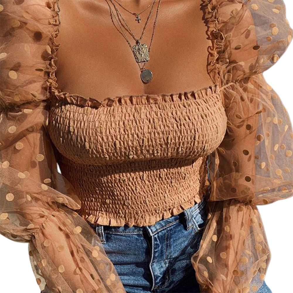 Geumxl Sexy Women Wrinkled Backless Blouse Shirt Mesh Sheer Puff Sleeve Wrap Chest Tops 2022 Spring Summer Ladies Dots Blouse