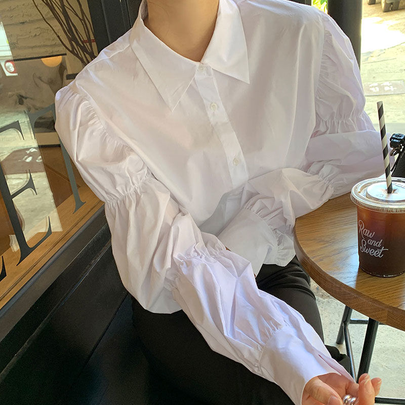 Geumxl Shirts Women Puff Sleeve Folds Design Korean Style Solid Simple Leisure Harajuku Loose Fashion Turn-down Collar Vintage Elastic