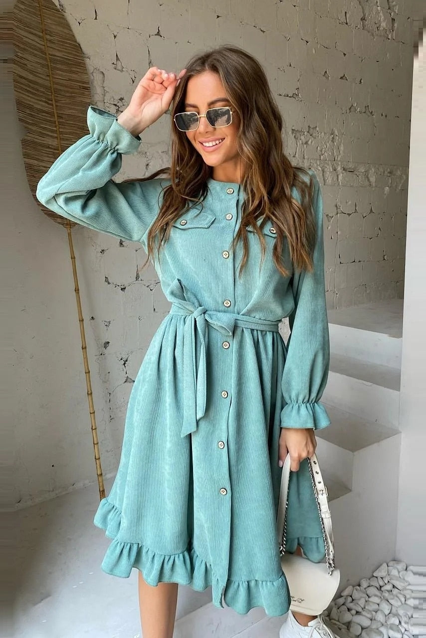 Women Corduroy Ruffle Dress Casual Long Sleeve O Neck Button Sashes Dresses Vintage A-Line Party Knee Dress 2023 Autumn Winter
