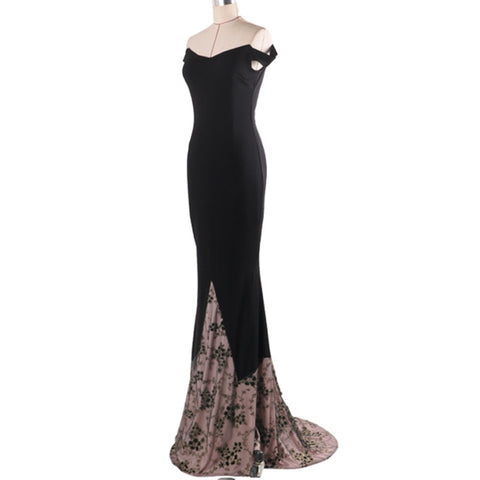 Slash Neck Women Black Maxi Dress Elegant Party Dress Slim Simple Temperament Versatile Vestido Hollow Out Robe