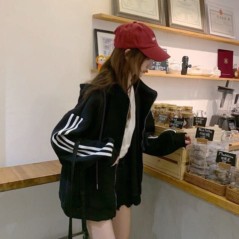 Geumxl Women Hooded Zipper Jackets Female Fashion Long Sleeve Casual Coats Plus Size Korean Loose Outwear