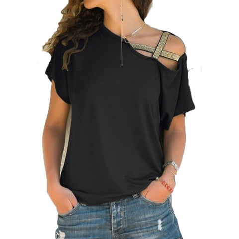 S-5XL Women Skew Neck Irregular Criss Cross Blouse Patchwork Solid Tops Blusa Femme One Shoulder Summer Shirt Hollow Plus Size