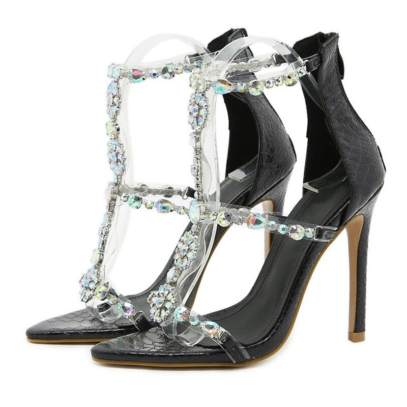 Geumxl New High Heels Shoes Sexy Women Party Pumps T-Strap Rhinestone PVC Transparent Stiletto Sandals Shoes Crystal shoes