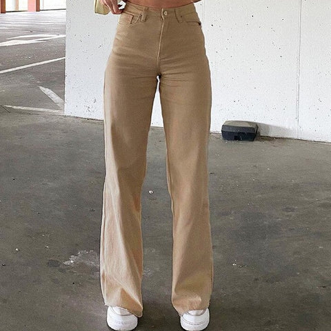 Geumxl High Waist Straight Pants Women Casual Trousers Wide Leg Pants Solid Loose Trousers Women Stretch Jeans Pantalones Mujer
