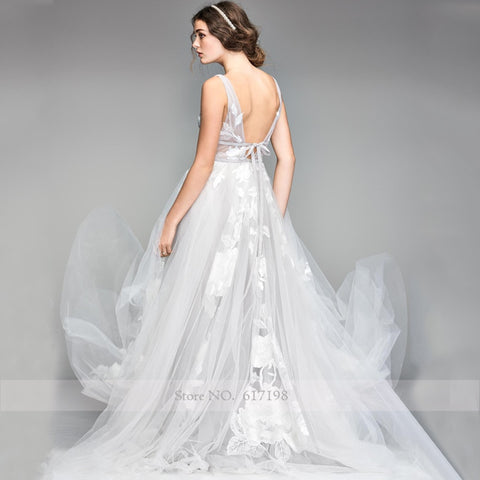 Geumxl Graduation Gifts  3D Flower Lace Appliques 2022 V-Neck Backless A-Line Tulle Wedding Dress Destinaiton Bridal Dress Robes De Mariées