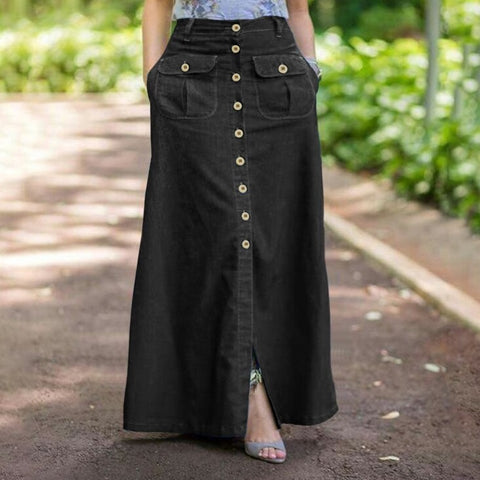 Geumxl Women Retro Skirts 2023 Summer Denim Blue Long Skirt Casual Solid Split Bottoms Lady A-Line Button Up Skirt Oversize