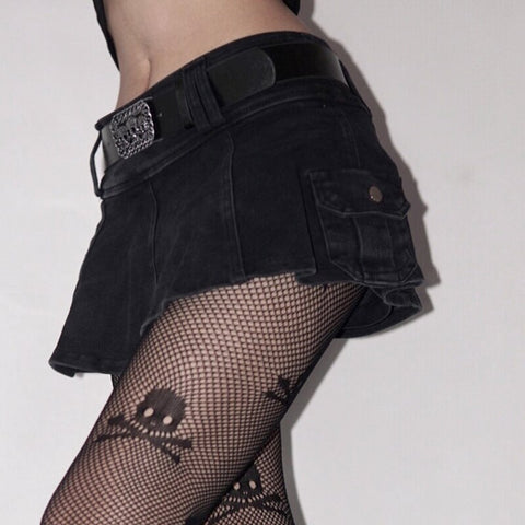 Geumxl Altgirl Harajuku Y2k Denim Skirt Women Dark Gothic Streetwear Mini Skirt With Skull Belt Mall Goth Punk Grunge Sexy Emo Clubwear