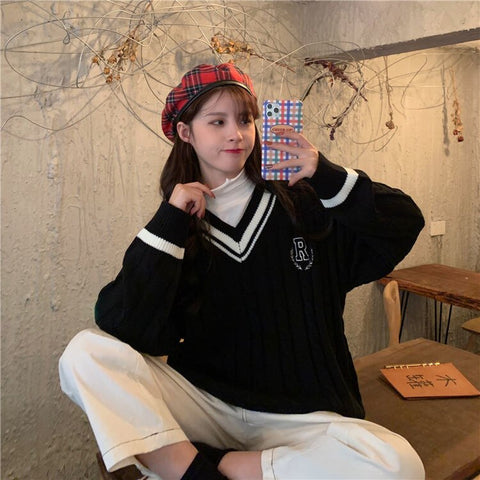 Geumxl Autumn Striped Knitted V-Neck Sweater Dark Green Knit Top For Female Sweaters Cottagecore Streetwear Women Tops Pullovers Y2k
