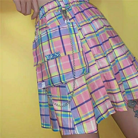 Summer Gothic Grunge Skirt Women High Waist Harajuku High Street Y2k Skirt Female Gradient Color Plaid Sweet Pleated Skirt 2022