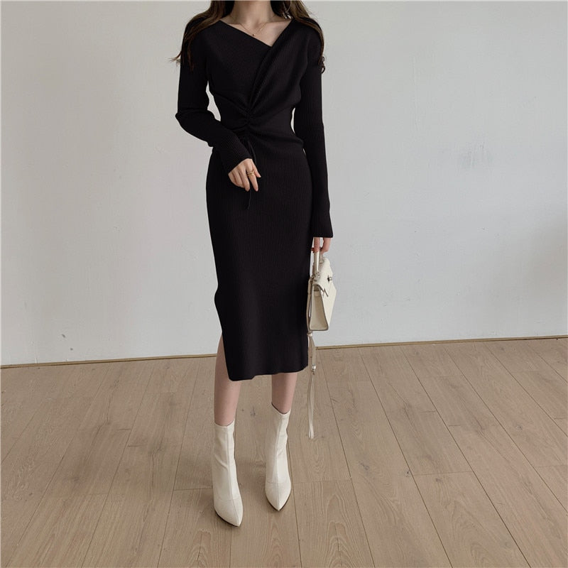 Harajuku Vintage Korean One-Piece Sweater Maxi Dresses for Women Draw String Bodycon Slim Knitted Lady Woman Dress Autumn 2021