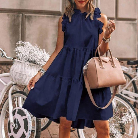 Geumxl Women Summer Ruffled Casual Dress Loose O-Neck Sleeveless Solid Color Stitching Pullover Dress 2023 New Retro Mini Dress