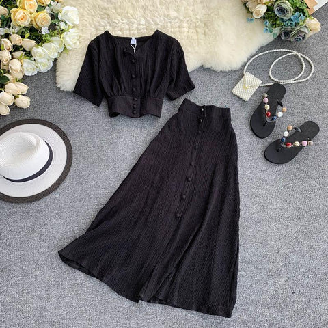 Geumxl New Women Two Piece Set Summer Outfits Woman Clothes Fashion V Neck Crop Top + Slim A-Line Long Skirts Suits 2 Pc Sets