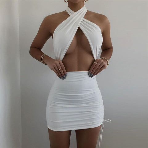 Geumxl Halter Cut-Out Bandage Sexy Mini Dress Bodycon Sleeveless Summer Bodycon Dresses Ruched Club Party