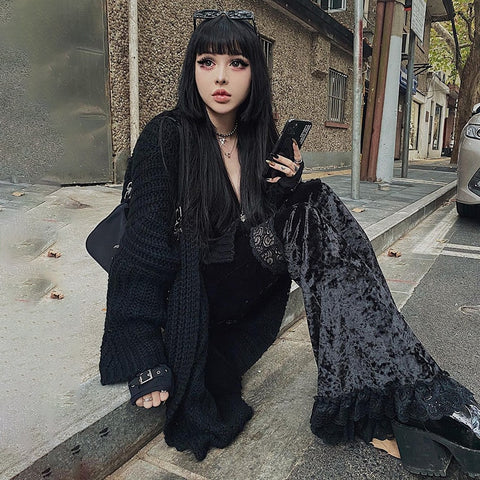 Geumxl Halloween Sexy Fashion Patchwork Lace Solid Flare Pants Women Gothic Dark High Waist Loose Trousers New Street Suede Pants