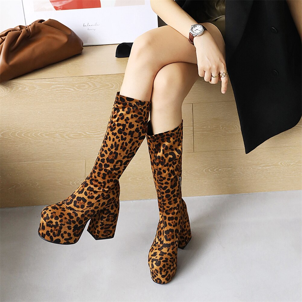 Geumxl 2022 Spring Autumn Leopard Sexy Party Women's Mid Calf Boots Chunky High Heels Platform Long Boots Ladies Gothic Punk Club Brand Shoes