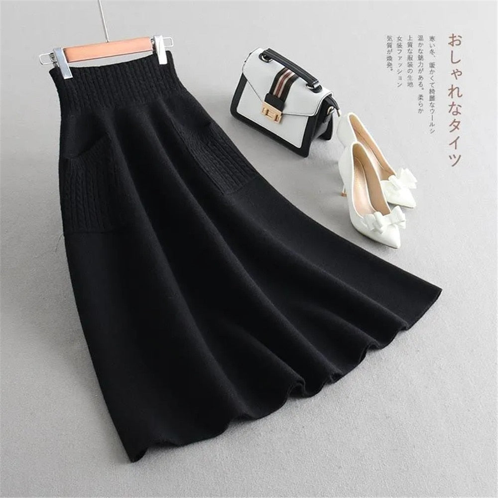 High Waist Women Winter Wool Knitting Long Skirts Faldas Jupe Femme Saia Korean Office Ladies Vintage Black Skirt With Pocket