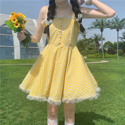 Summer Kawaii Lolita Strap Dress Women Patchwork Lace Japanese Sweet Cute Mini Dresses Yellow Plaid Fairy Tale Casual Dress 2022