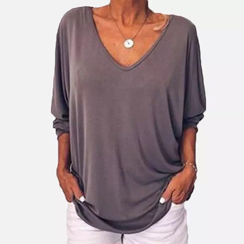 Fashsiualy  Loose 2022 Clothing 3/4 Sleeve Back Button T-shirt Top in Stock V-neck Solid Color Clothes Women Femininas
