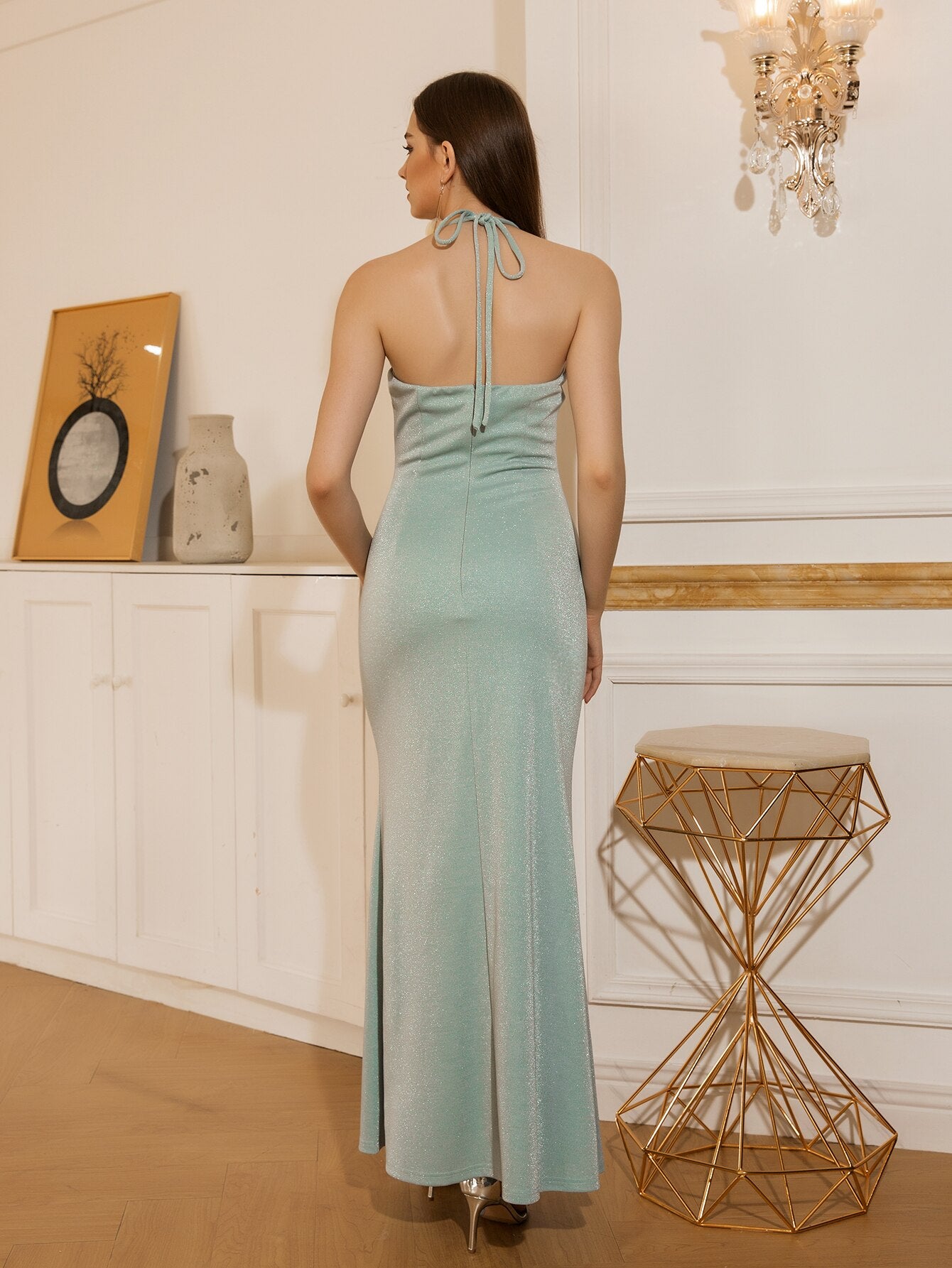 Geuxml  Angel-Fashions Halter V Neck Pleated Slit Prom Dress Long Elegant Gown 571