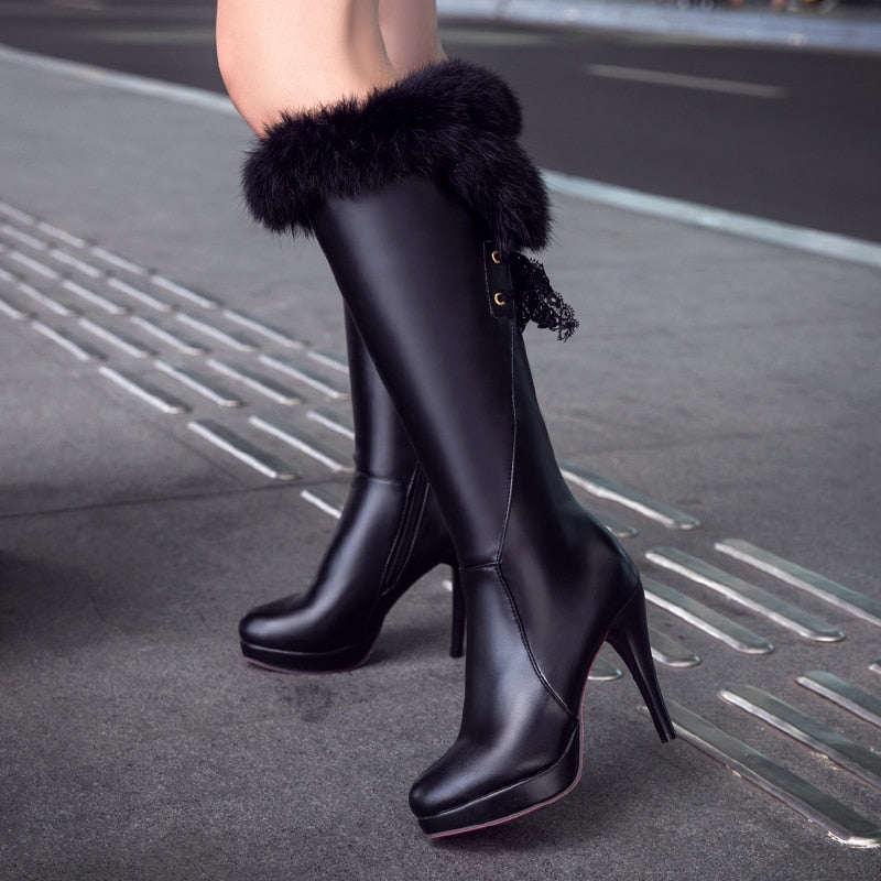 Geumxl 2023 Fashion Knee High Boots Women's Winter Boots Thick High Heel Long Boots Round Slip On Spring Autumn Shoes Woman Black White