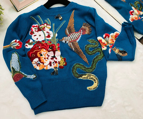 Geumxl Long Sleeve Sweaters Women Pullovers Vintage Blue Bead Floral Embroidery Christmas Warm Winter Knitted Jumper Plus Szie